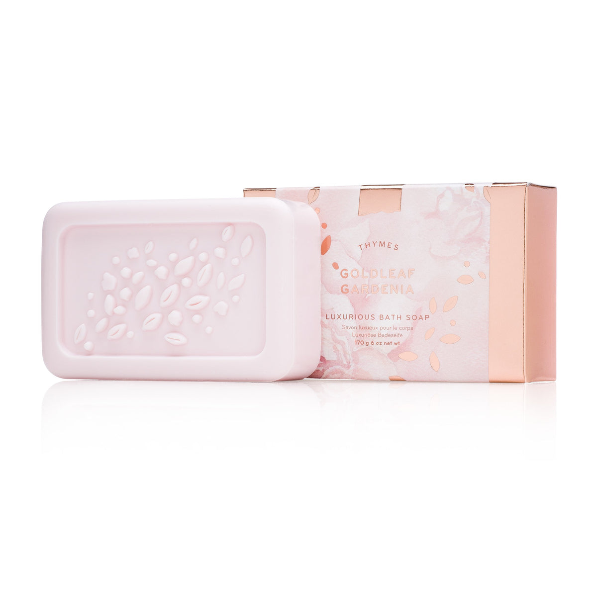 Thymes Goldleaf Gardenia bath soap with rich lather for soft skin