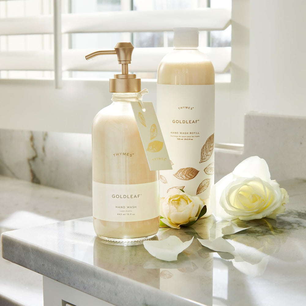 Thymes Goldleaf glass bottle on countertop showcases artisan design and decor value.