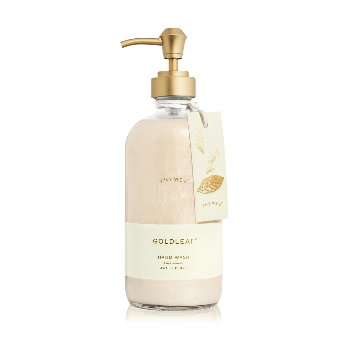Thymes Goldleaf hand wash bottle on sink showing elegant glass design for daily use.