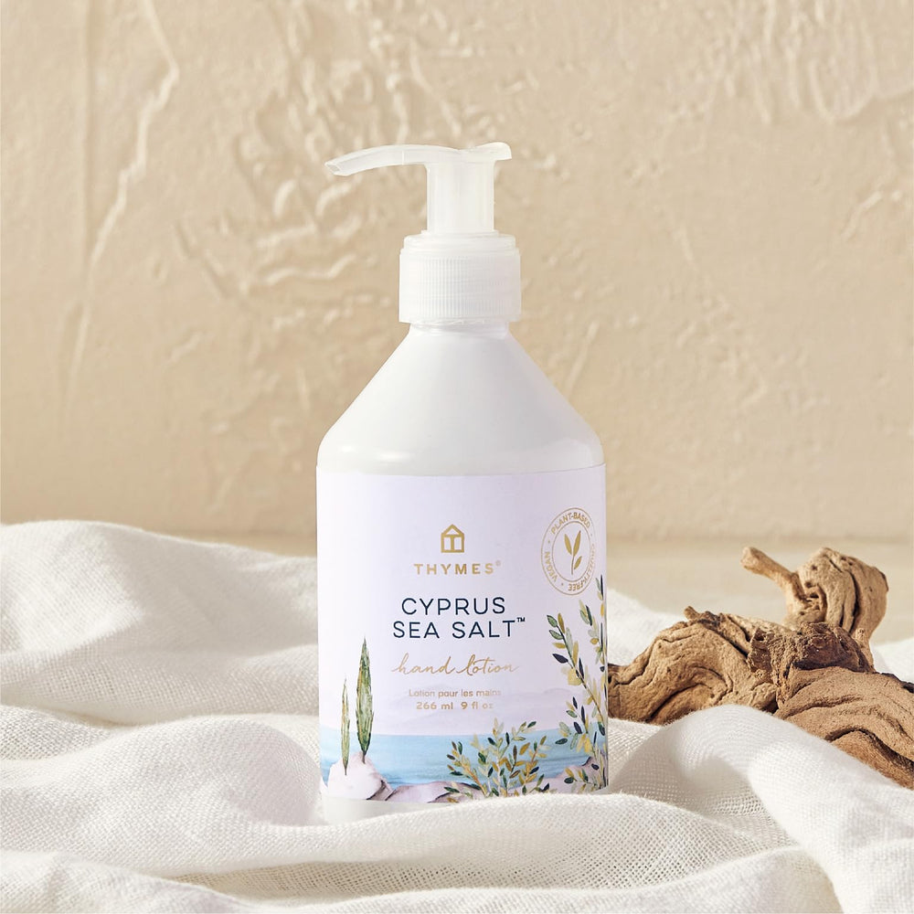 Thymes hand lotion dispensing pump enables easy, mess-free daily application.