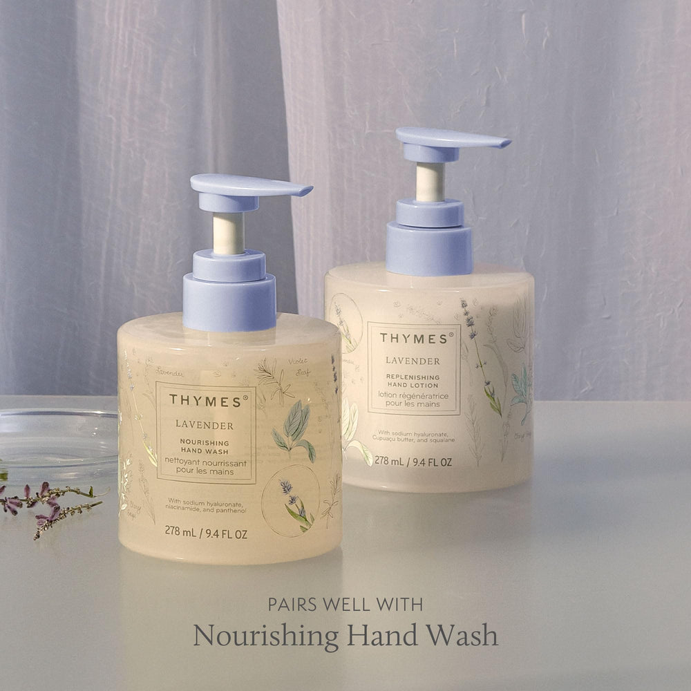 Thymes hand lotion packaging highlights sustainable, recyclable materials for eco-conscious use.