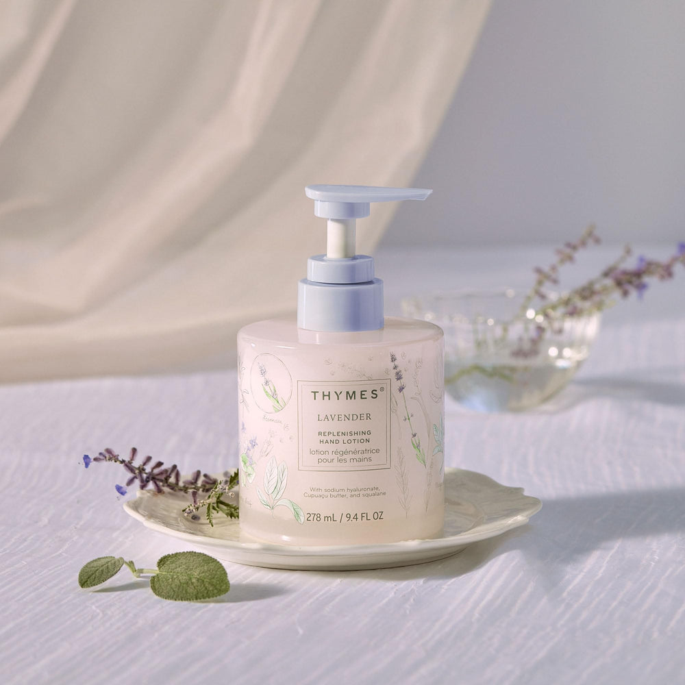 Thymes hand lotion pump dispenses creamy hydration for dry hands.