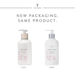 Thymes hand lotion texture pump close-up demonstrates easy, quick hydration.
