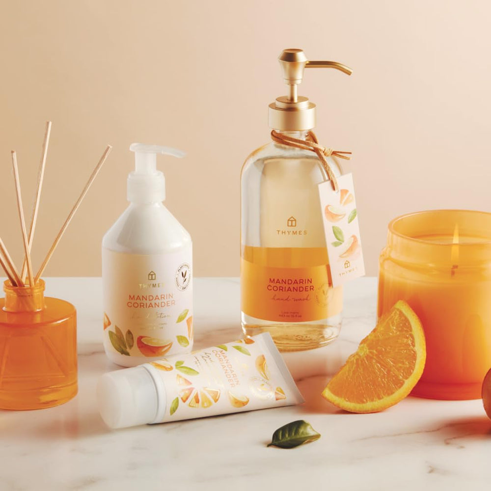 Thymes Hand Wash Mandarin Coriander foam image indicates gentle, skin-friendly formula suitable for frequent washing.