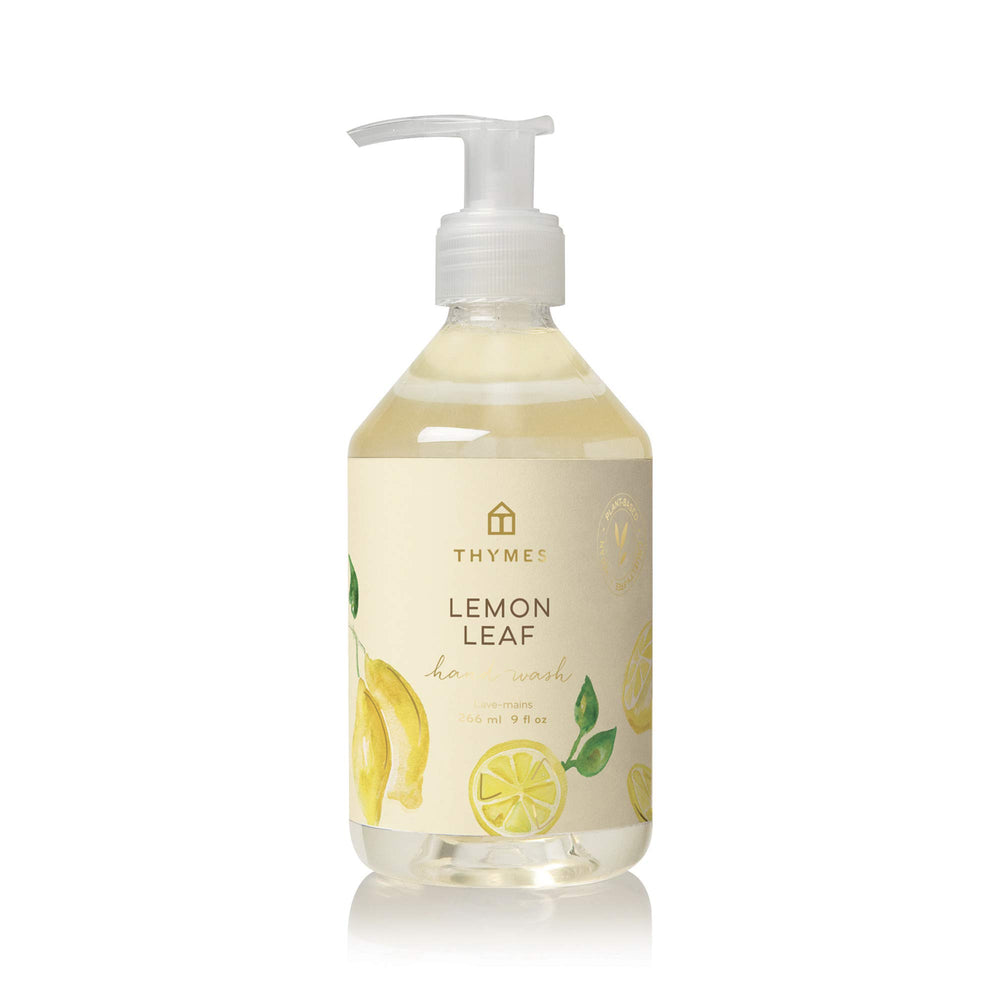 Thymes Hand Wash pump closeup shows a moisturizing cleanse with a luxurious scent.
