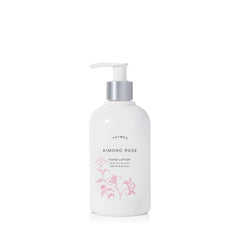 Thymes Kimono Rose hand lotion bottle highlights hydrating formula for soft, refreshed hands.
