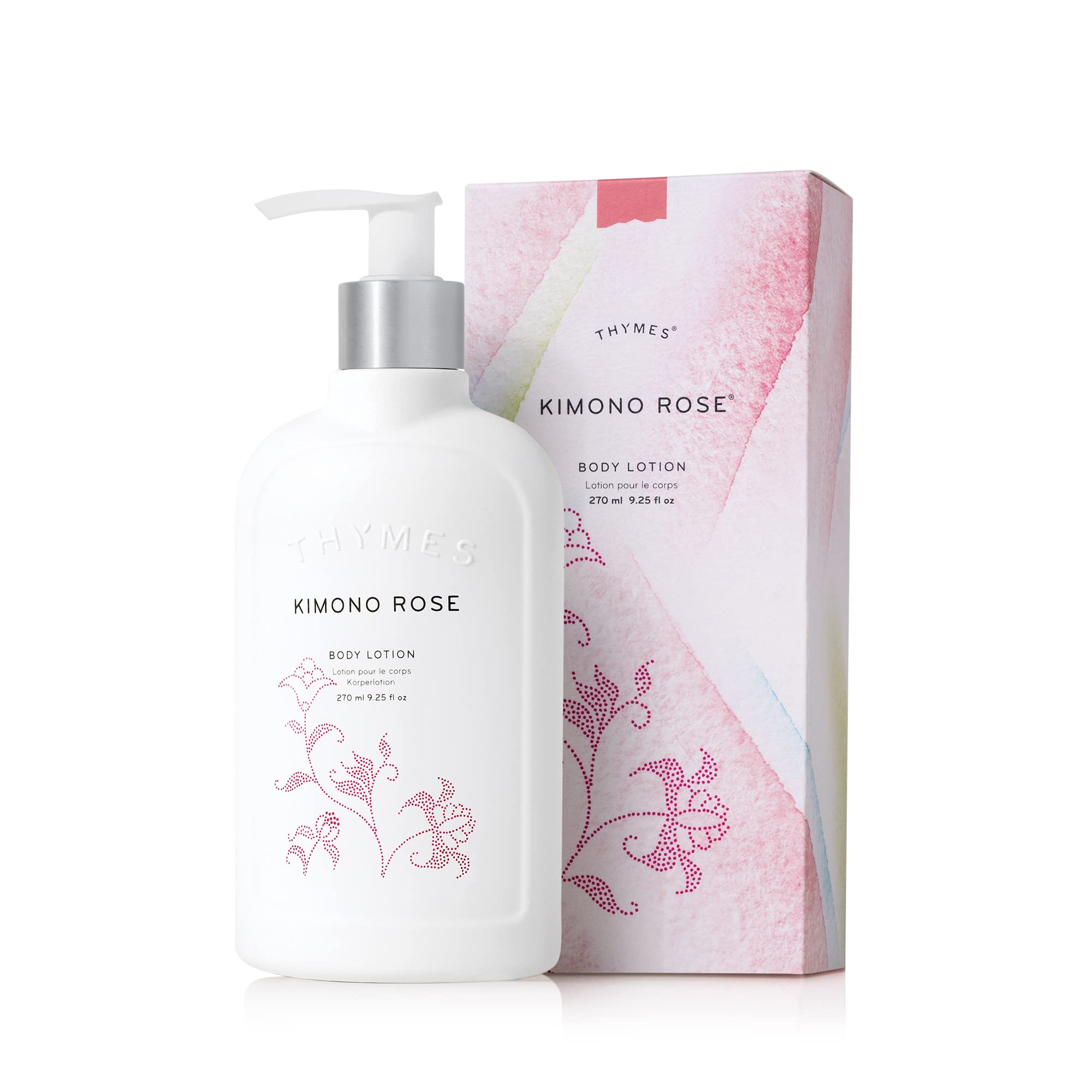 Thymes Kimono Rose lotion bottle front shows lightweight hydration for smooth skin