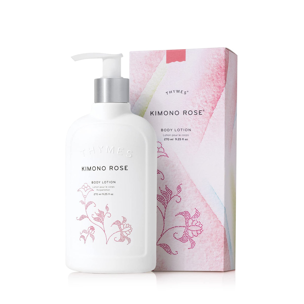 Thymes Kimono Rose lotion bottle front shows lightweight hydration for smooth skin