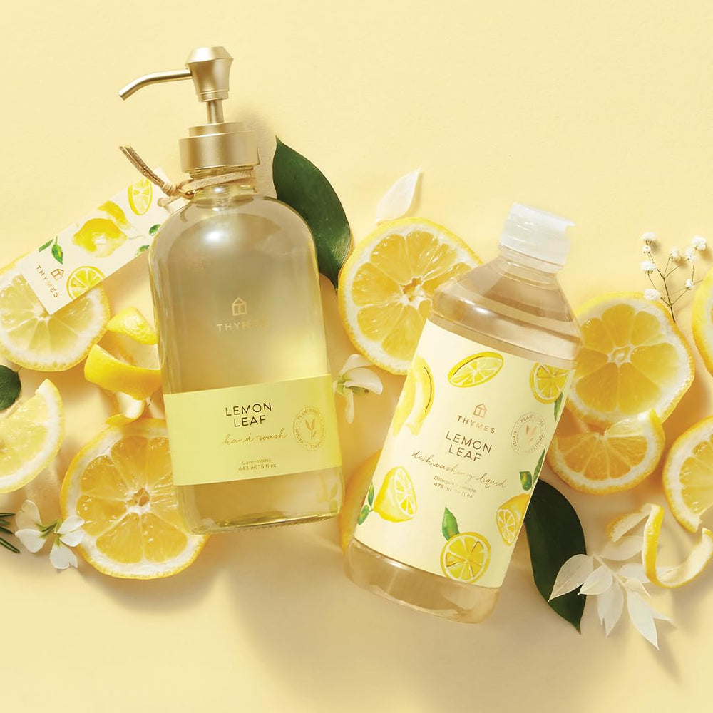 Thymes Lemon Leaf formula close-up highlighting skin-friendly, paraben-free ingredients.