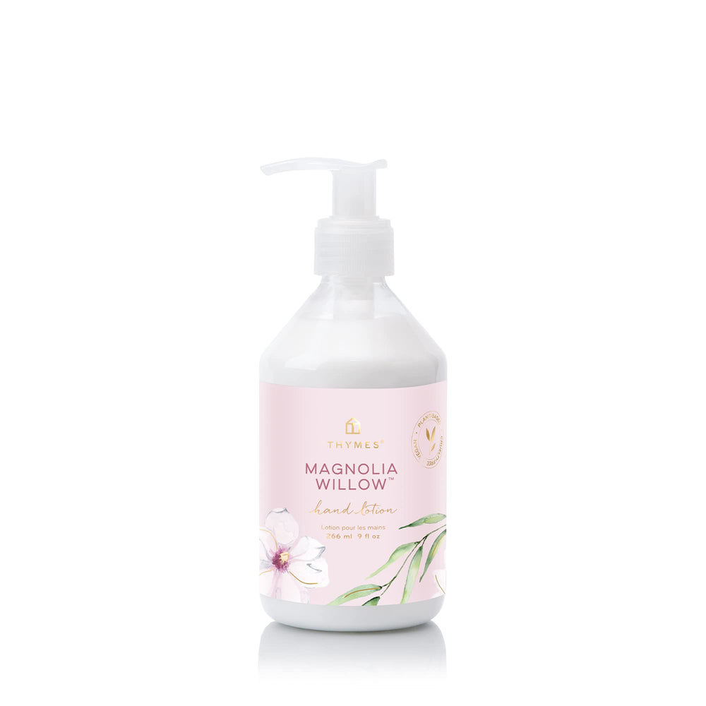 Thymes Magnolia Willow hand lotion pump offers daily moisture for dry hands.