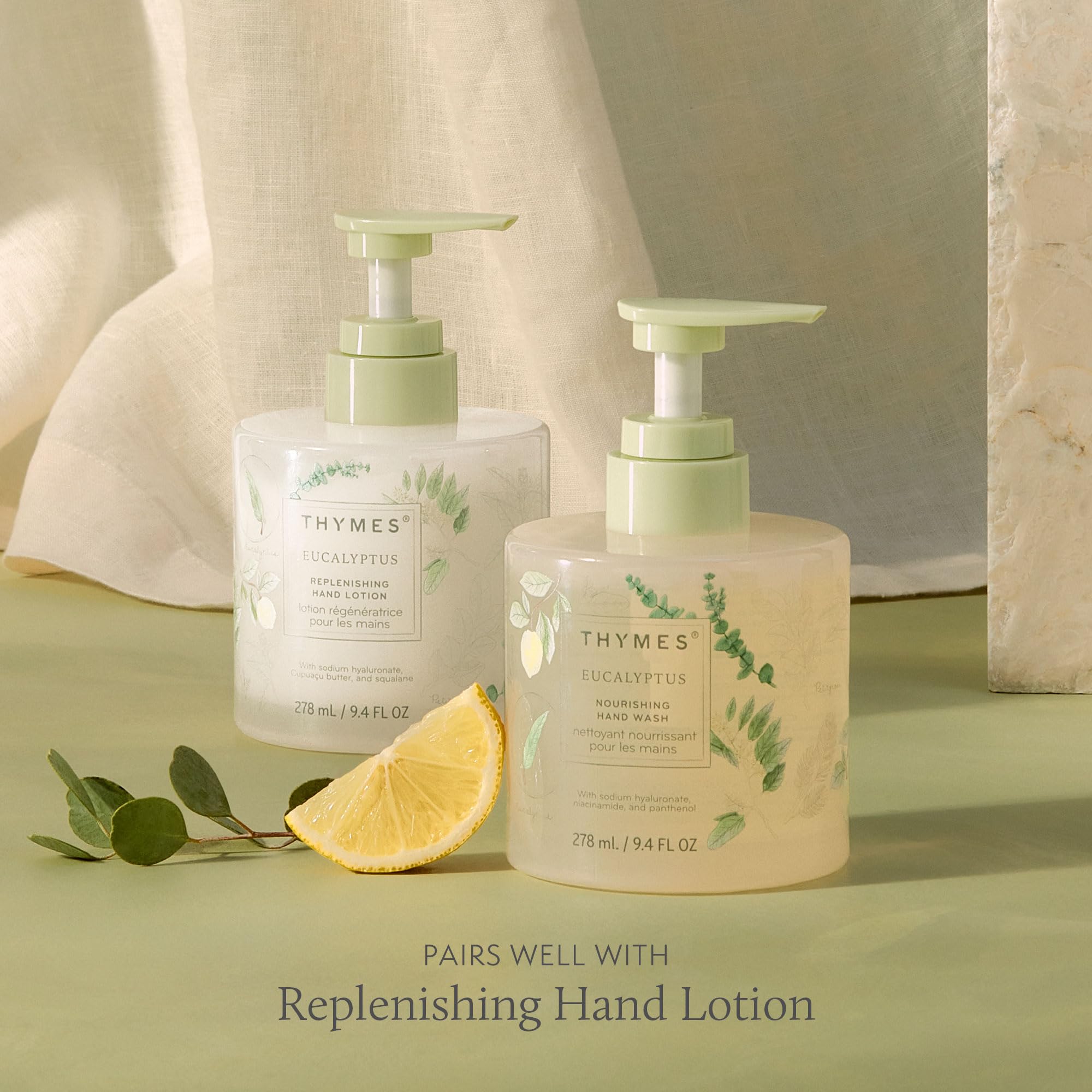 Thymes Nourishing Hand Wash glass bottle on vanity elevating bathroom aesthetics