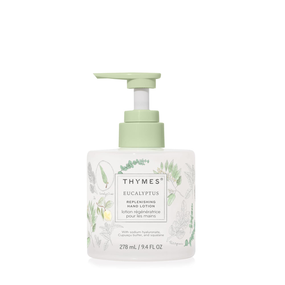 Thymes replenishing hand lotion bottle-glass delivers luxurious daily moisture for dry hands