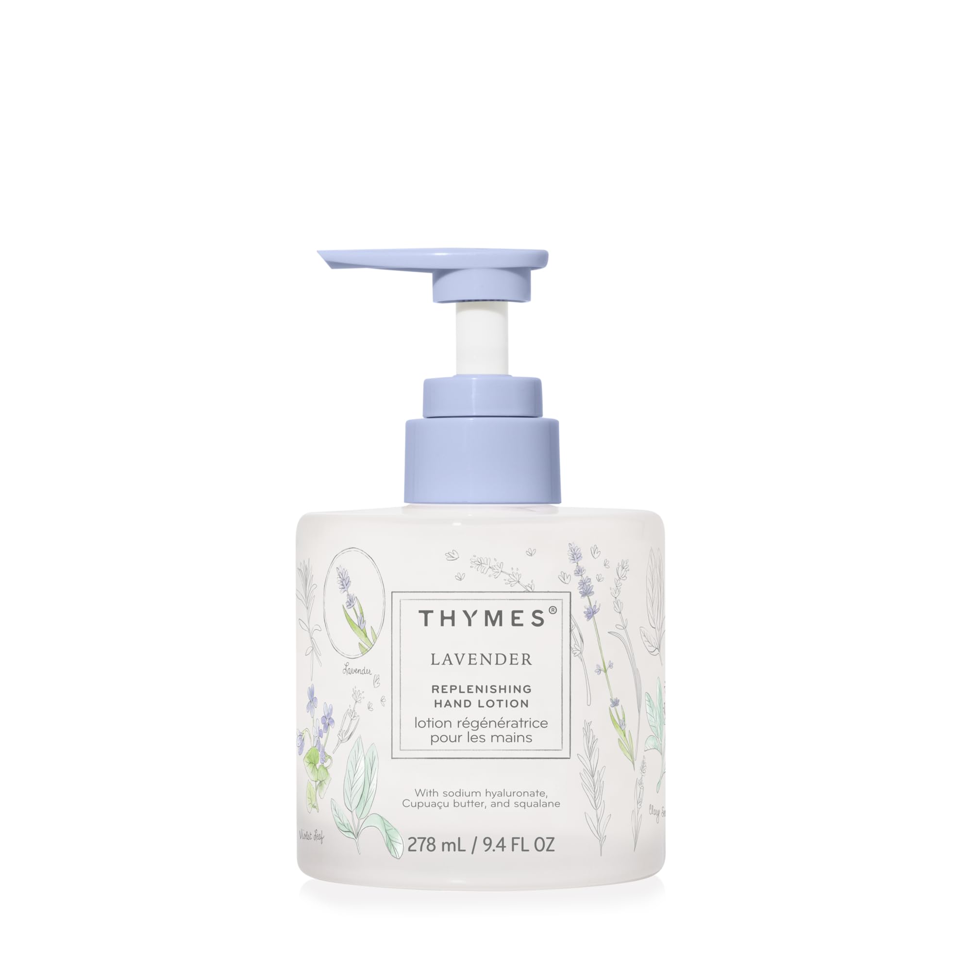 Thymes Replenishing Hand Lotion bottle featuring lavender scent and soothing moisture.