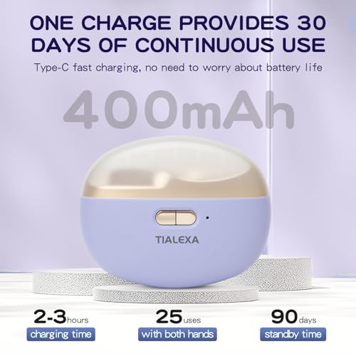 Tialexa USB-C charging port image emphasizing long battery life and easy recharging