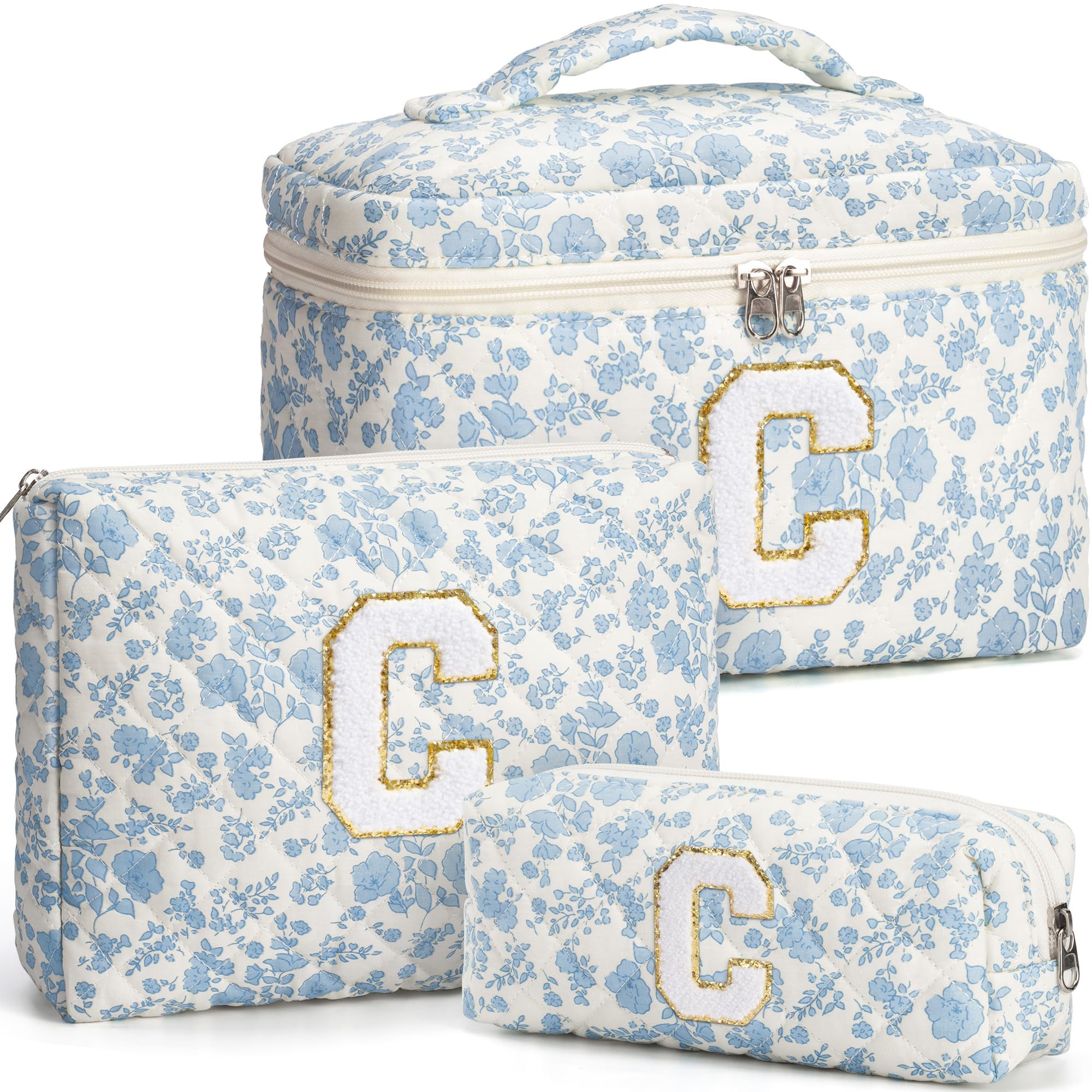 Tiblue initial makeup bag with floral quilted design for organized vanity storage.