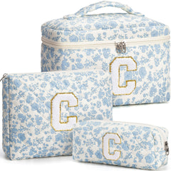 Tiblue initial makeup bag with floral quilted design for organized vanity storage.