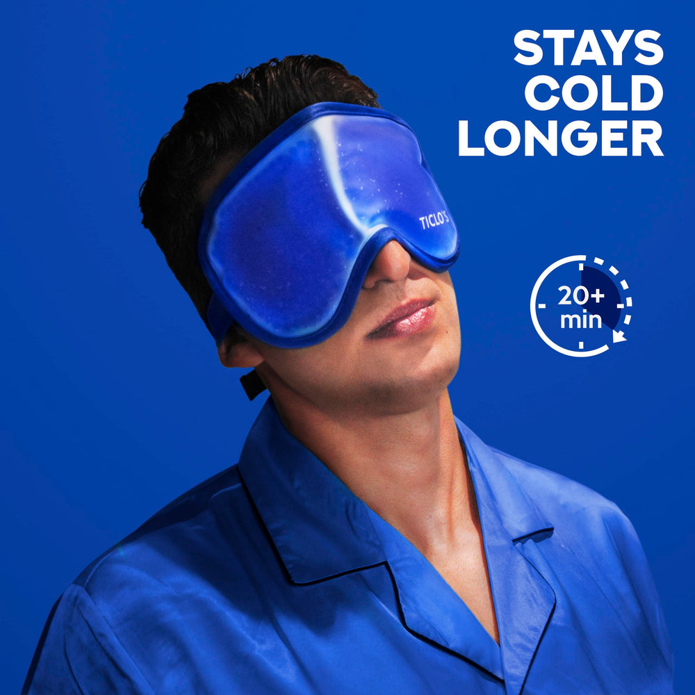 Ticlo's cooling eye mask after a long day delivers soothing relief before sleep.
