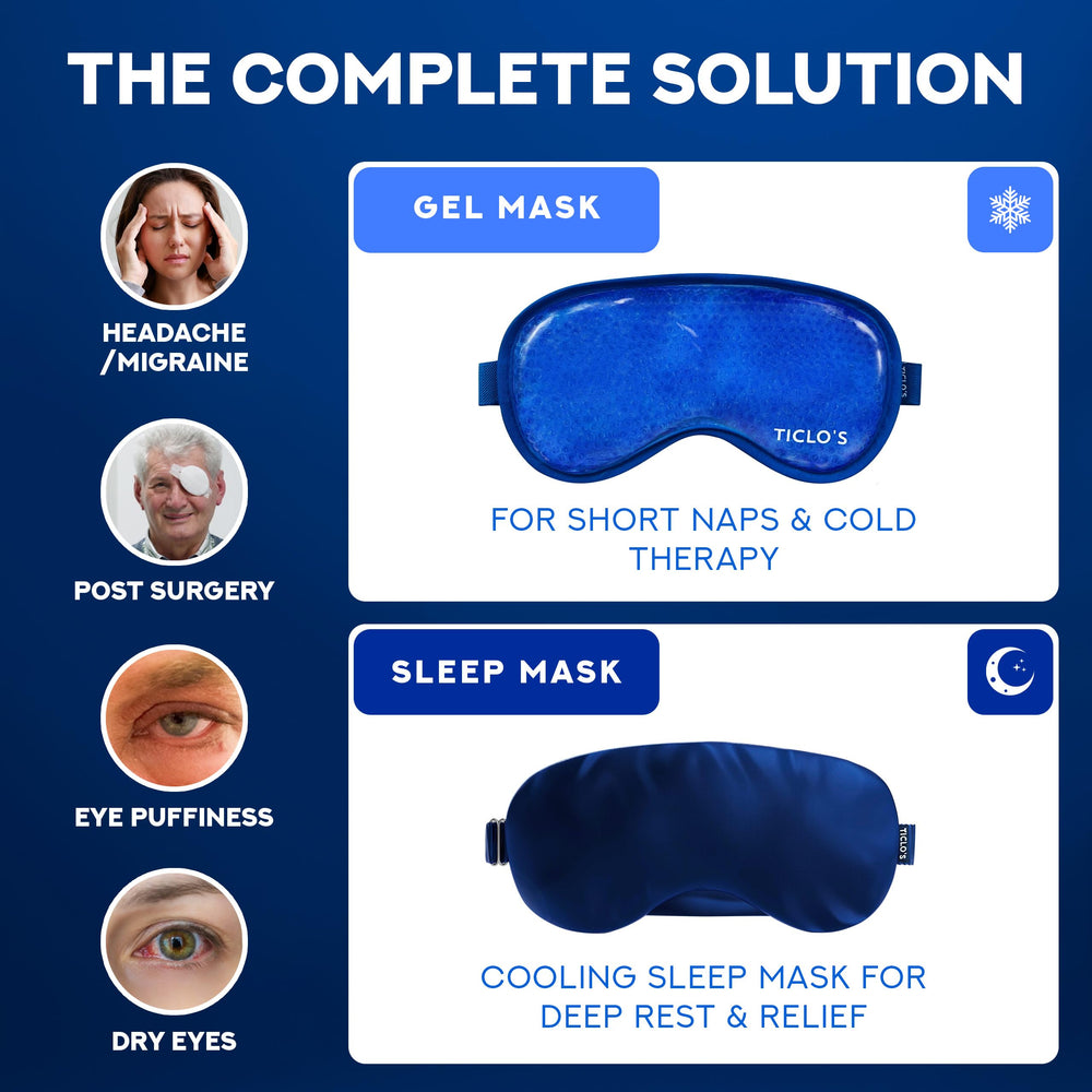 Ticlo's cooling eye mask transparent-side detail for intense cold therapy on eyes.