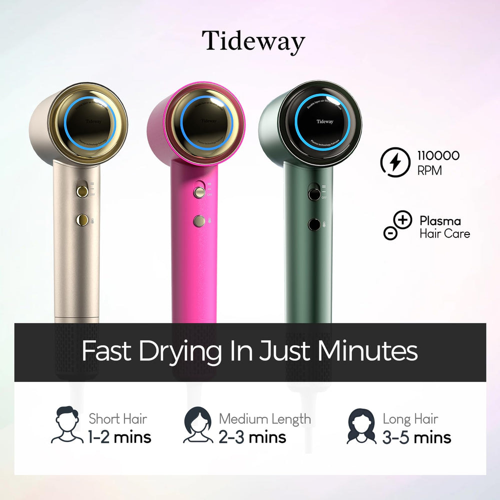 Tideway H11 plasma ions closeup emphasizes frizz control and moisture retention.