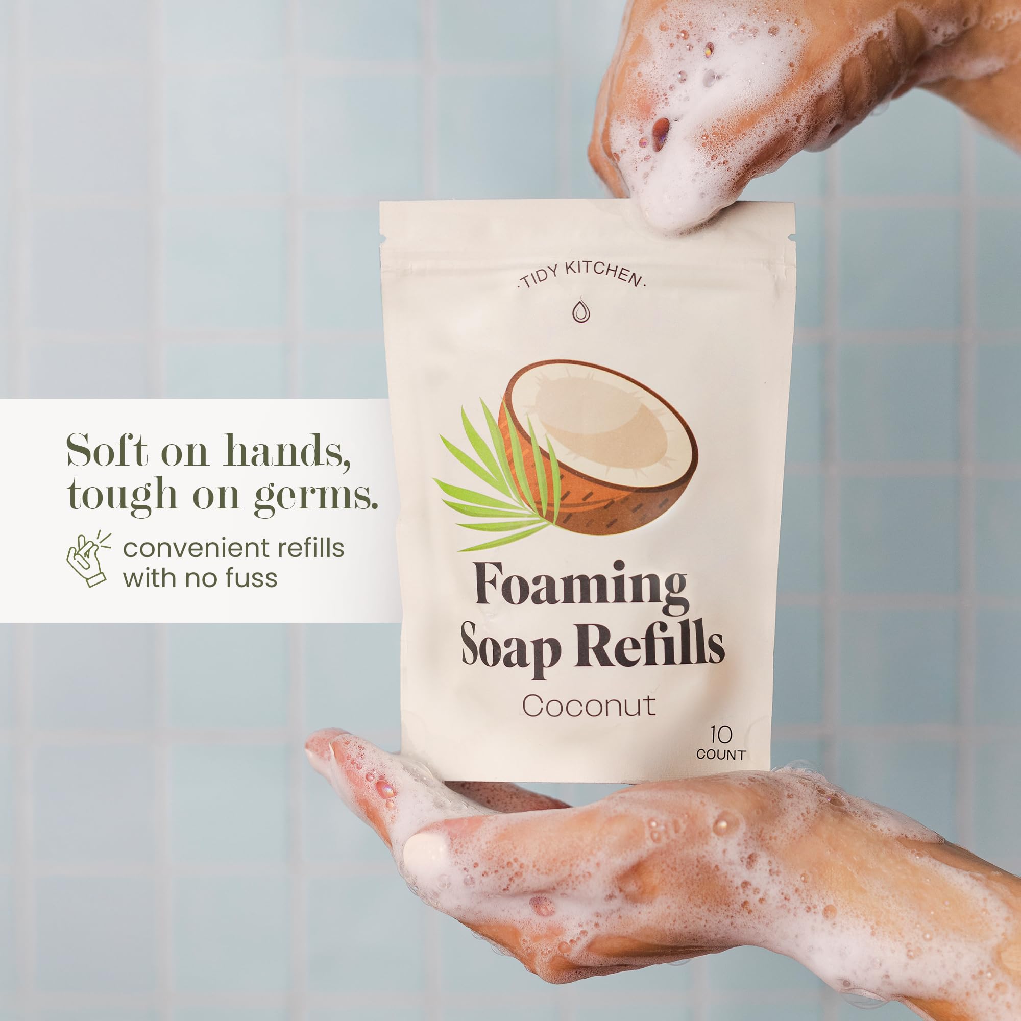 Tidy Kitchen coconut-scent foaming soap creating tropical handwash moment.