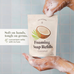 Tidy Kitchen coconut-scent foaming soap creating tropical handwash moment.