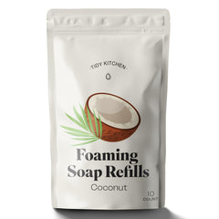 Tidy Kitchen foaming soap tablets pack dissolves for eco-friendly refills.