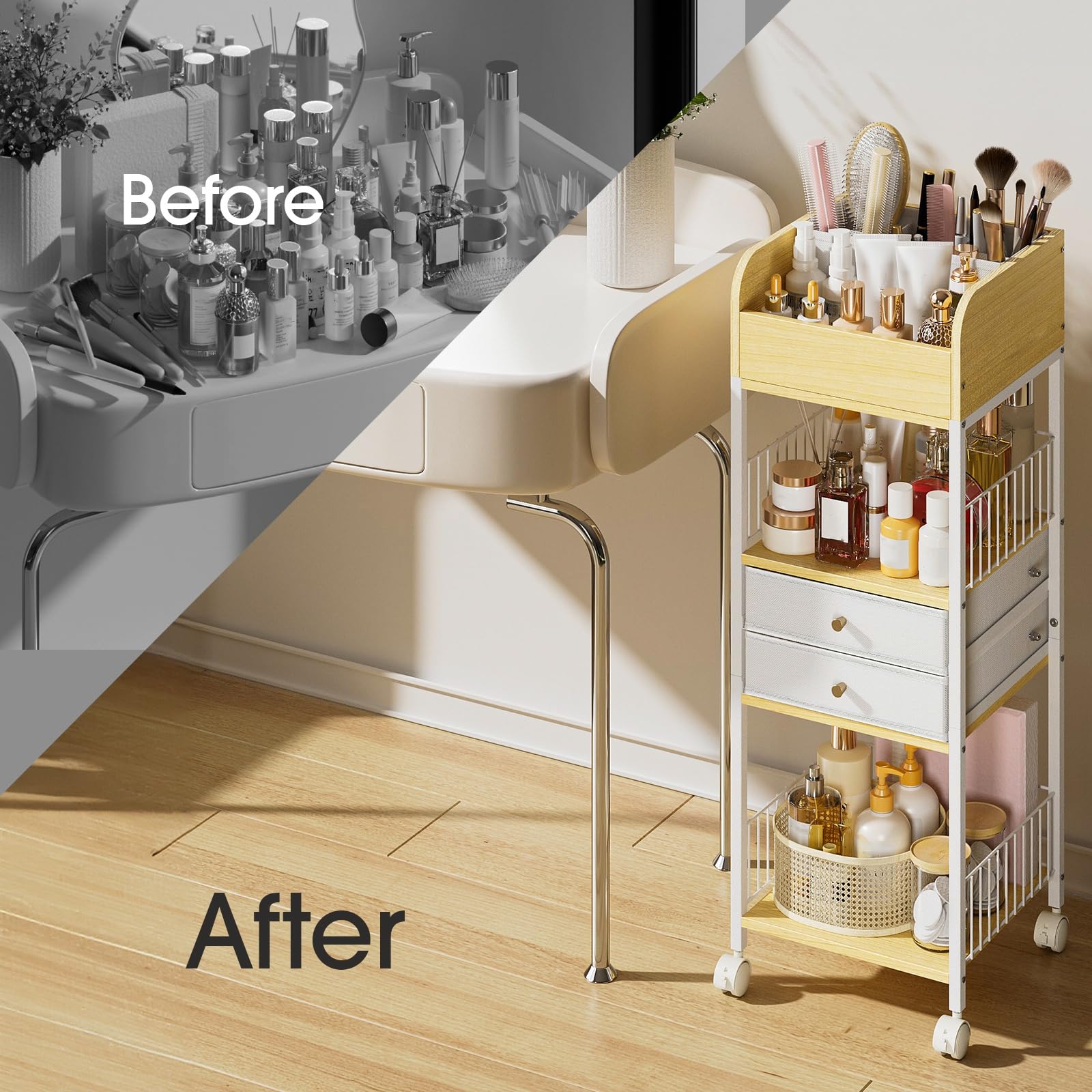 Tidystash makeup organizer rolling cart brake locks securing workspace.