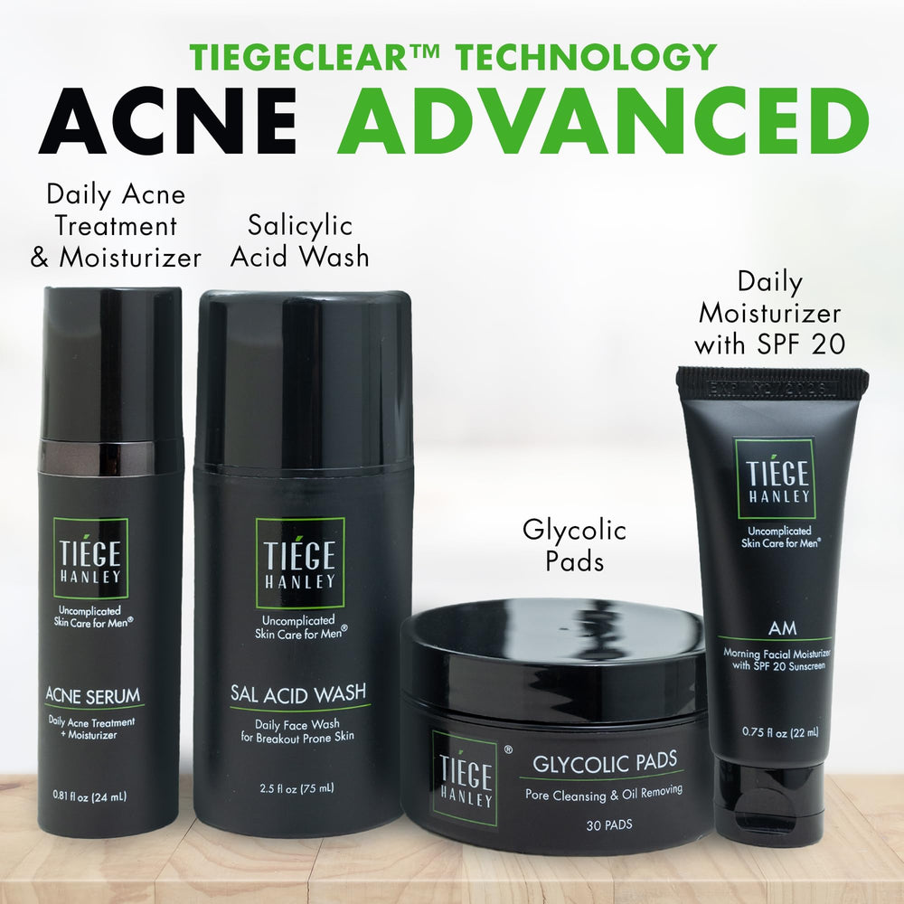 Tiege Hanley Acne Serum dropper supports daily treatment for breakouts and redness.
