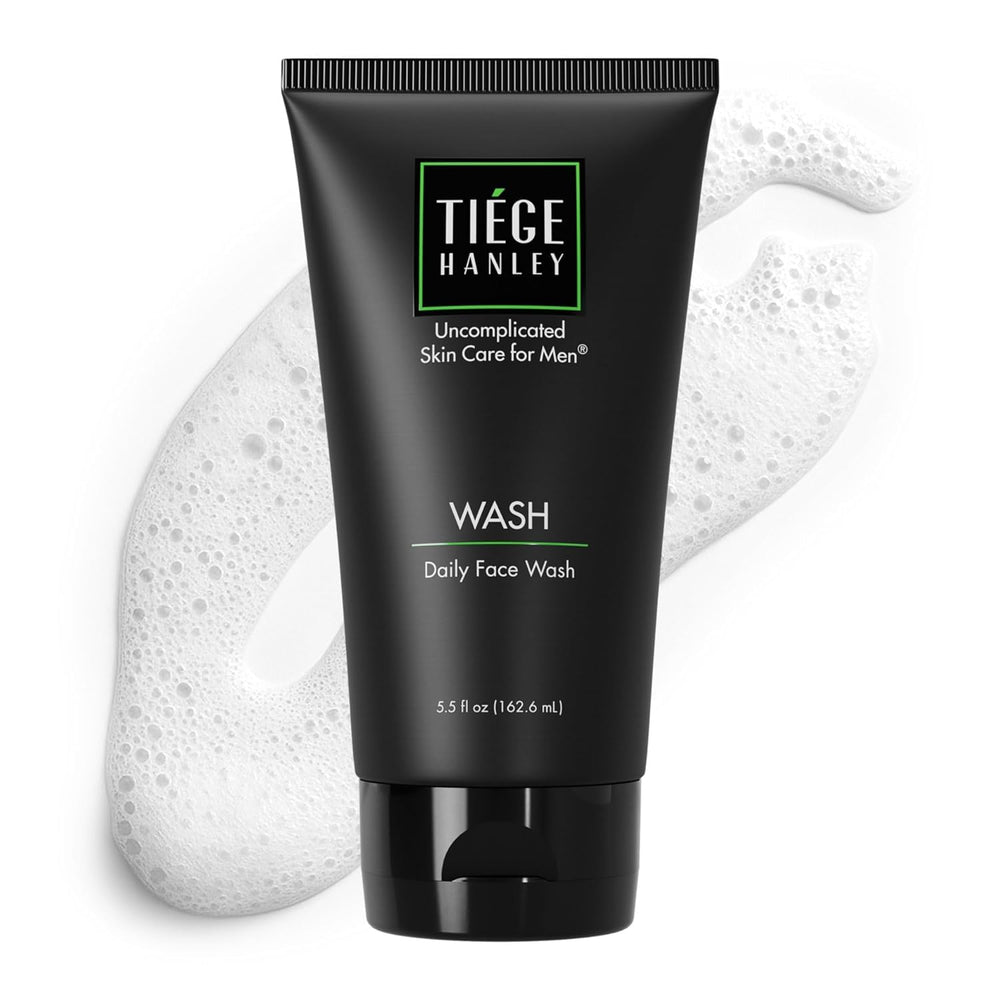 Tiege Hanley Daily Face Wash bottle close-up, fragrance-free formula ideal for sensitive skin.