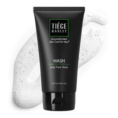 Tiege Hanley Daily Face Wash bottle close-up, fragrance-free formula ideal for sensitive skin.