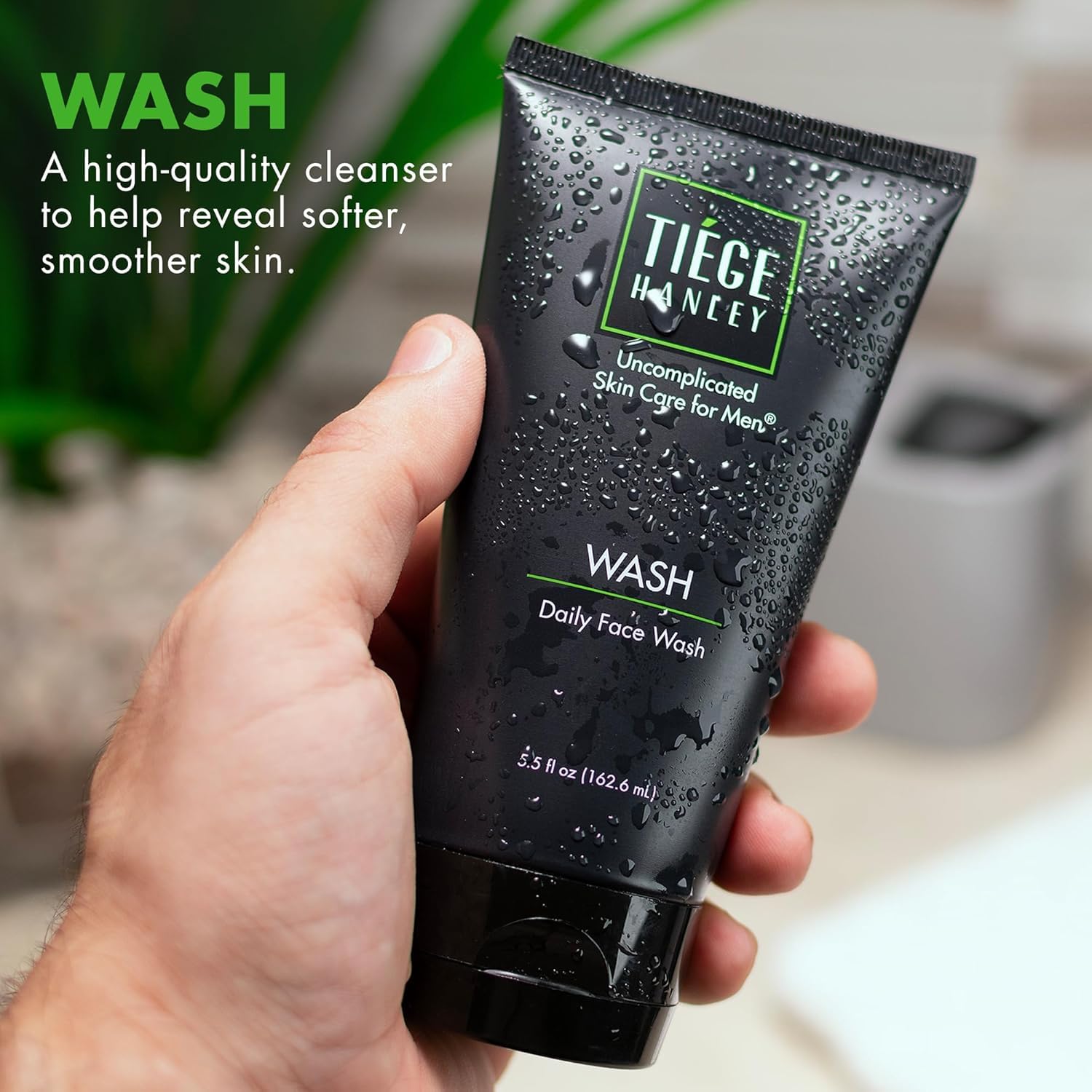 Tiege Hanley fragrance-free label visible, suitable for sensitive or combination skin.