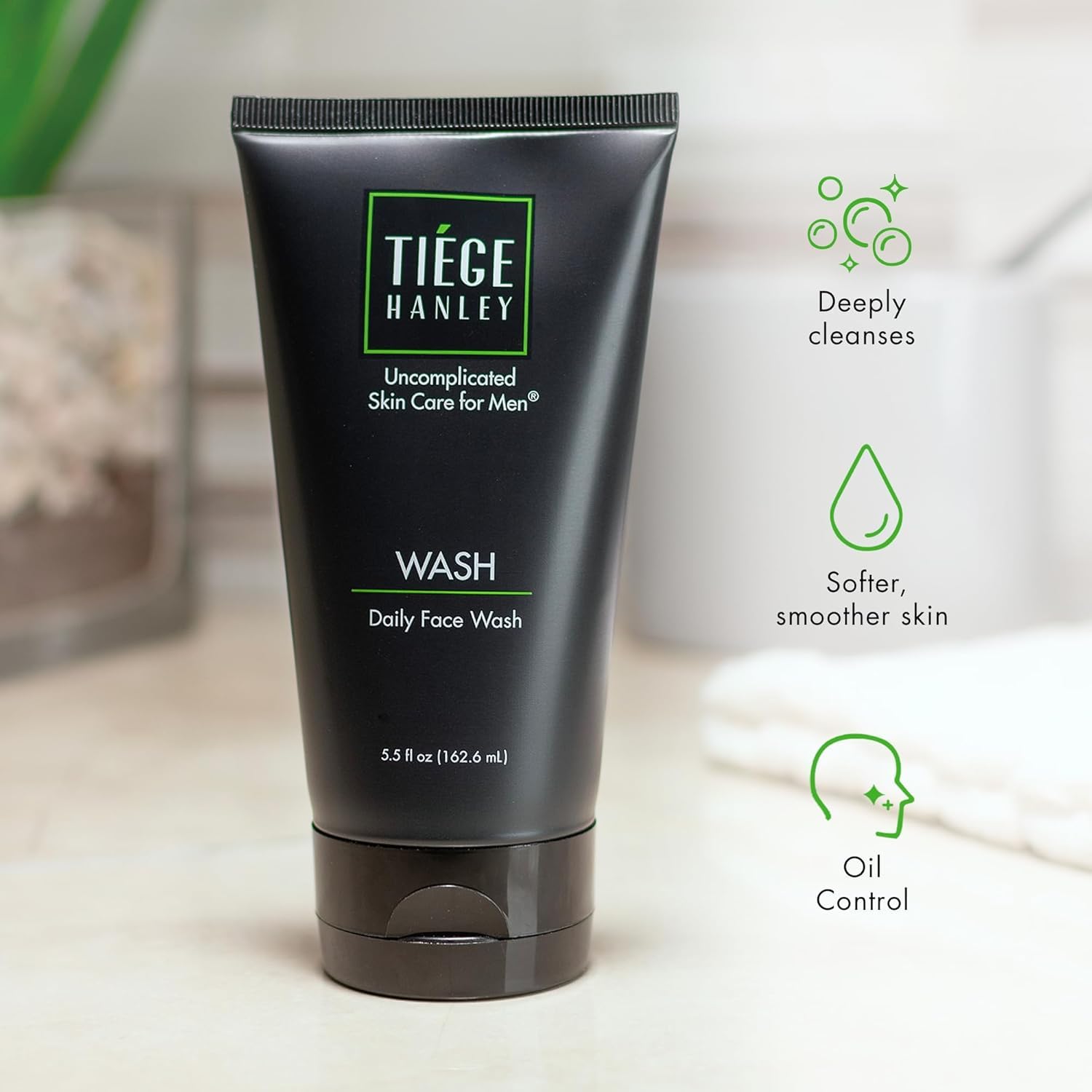 Tiege Hanley daily face wash with jojoba oil and aloe delivers soothing hydration.