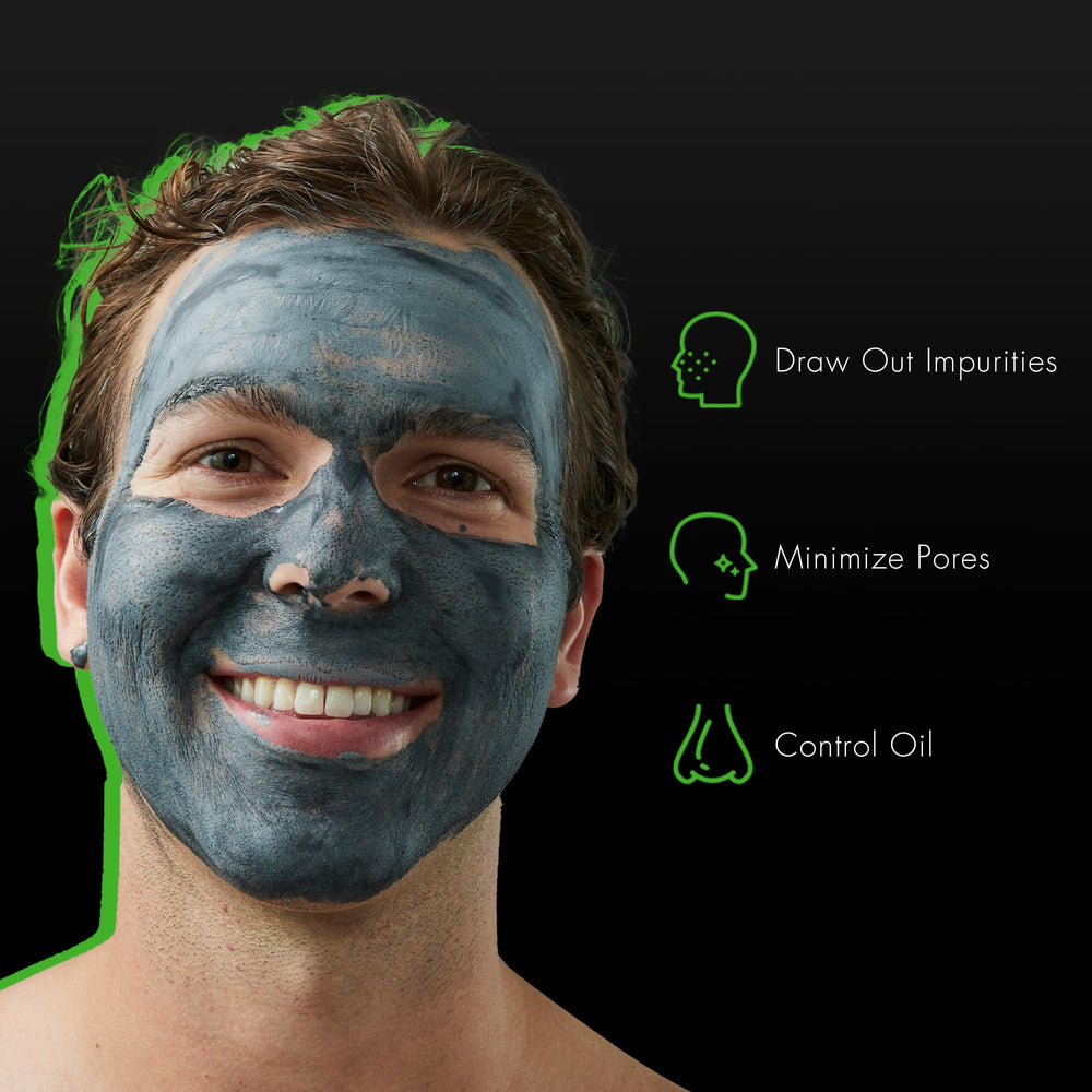Tiege Hanley Detoxifying Clay Mask application timing illustrates a 10-minute weekly ritual.