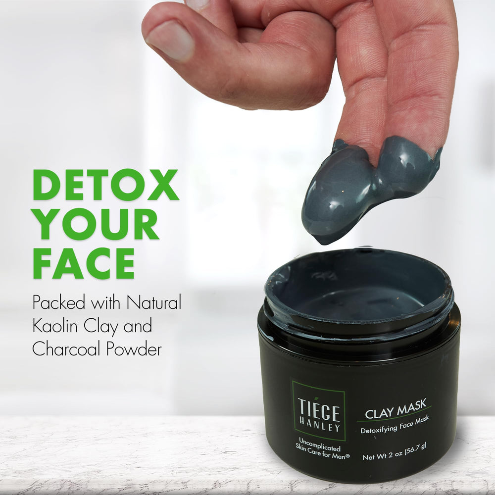 Tiege Hanley Detoxifying Clay Mask with Kaolin and Charcoal highlights purifying ingredients for oil control.