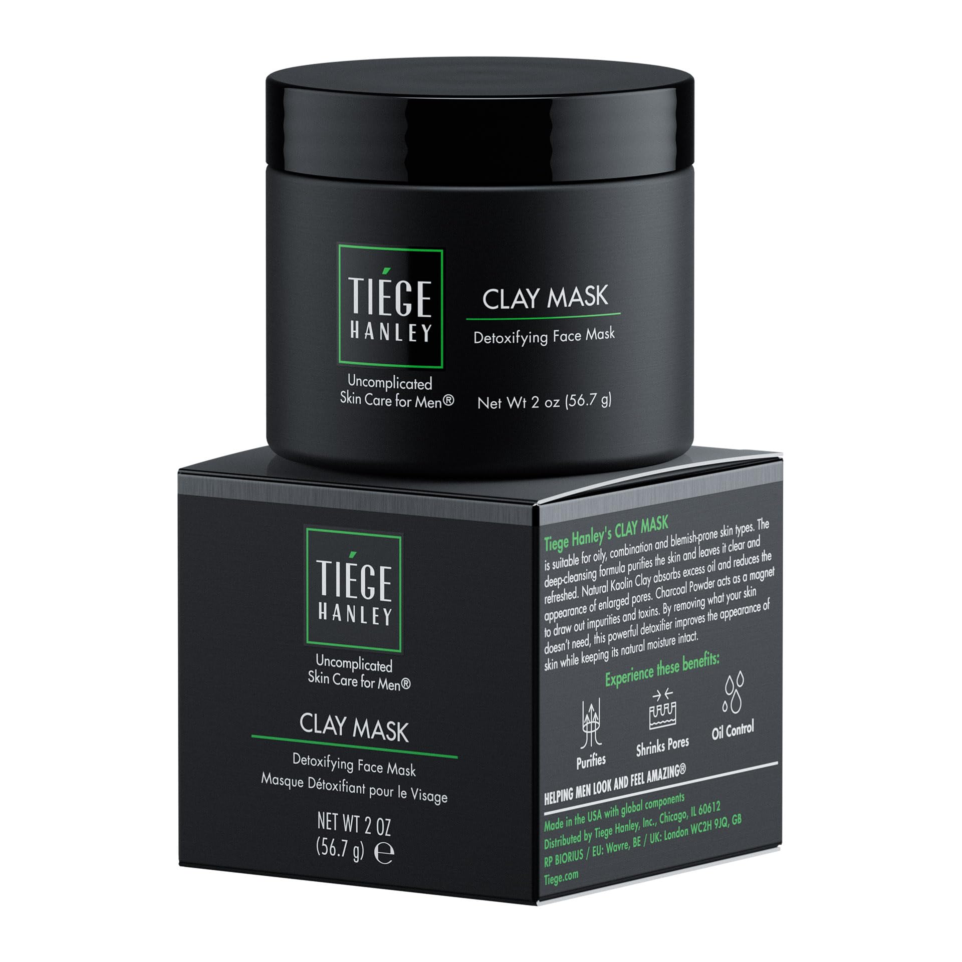 Tiege Hanley Detoxifying Clay Mask packaging close-up highlights oil control for men.