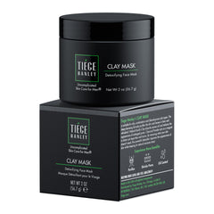 Tiege Hanley Detoxifying Clay Mask packaging close-up highlights oil control for men.