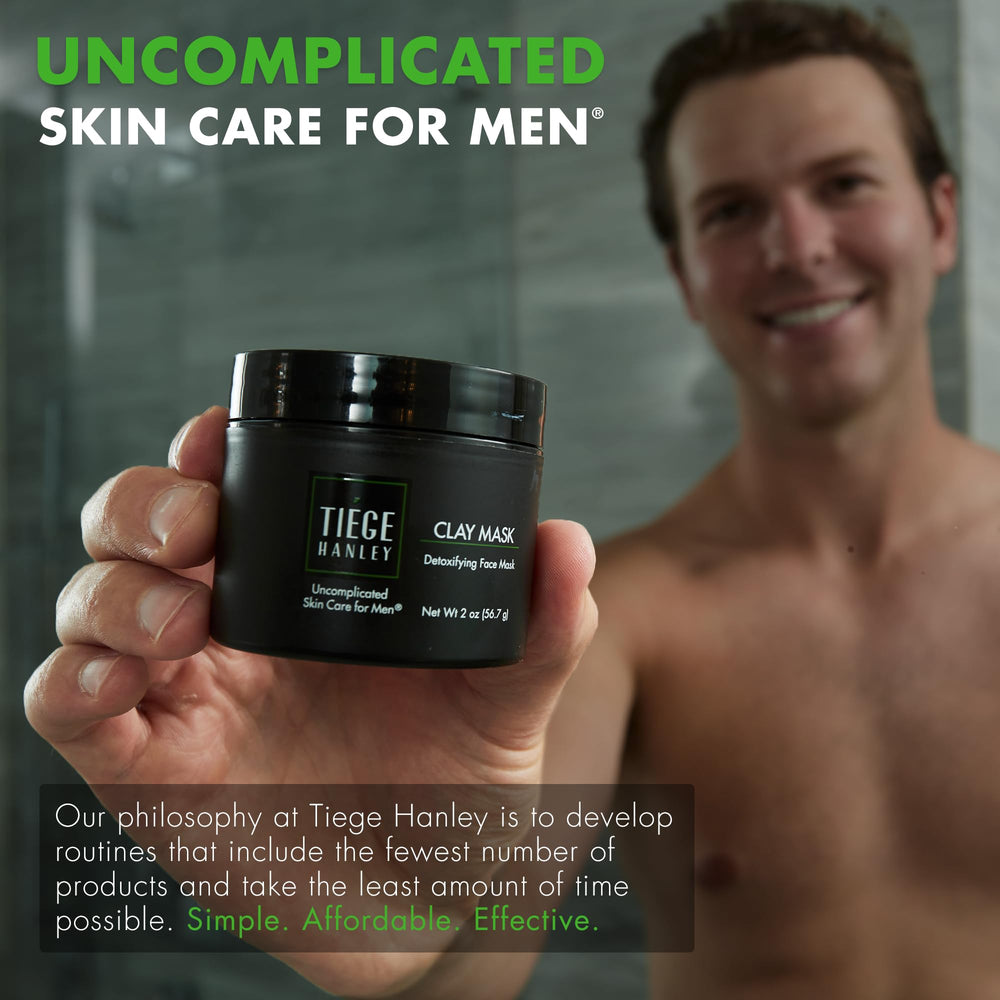 Tiege Hanley Detoxifying Clay Mask routine shot communicates quick, effective skincare for men.