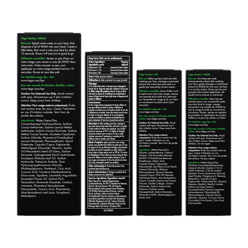 Tiege Hanley exfoliating scrub bottle helps remove dead skin for smoother texture.