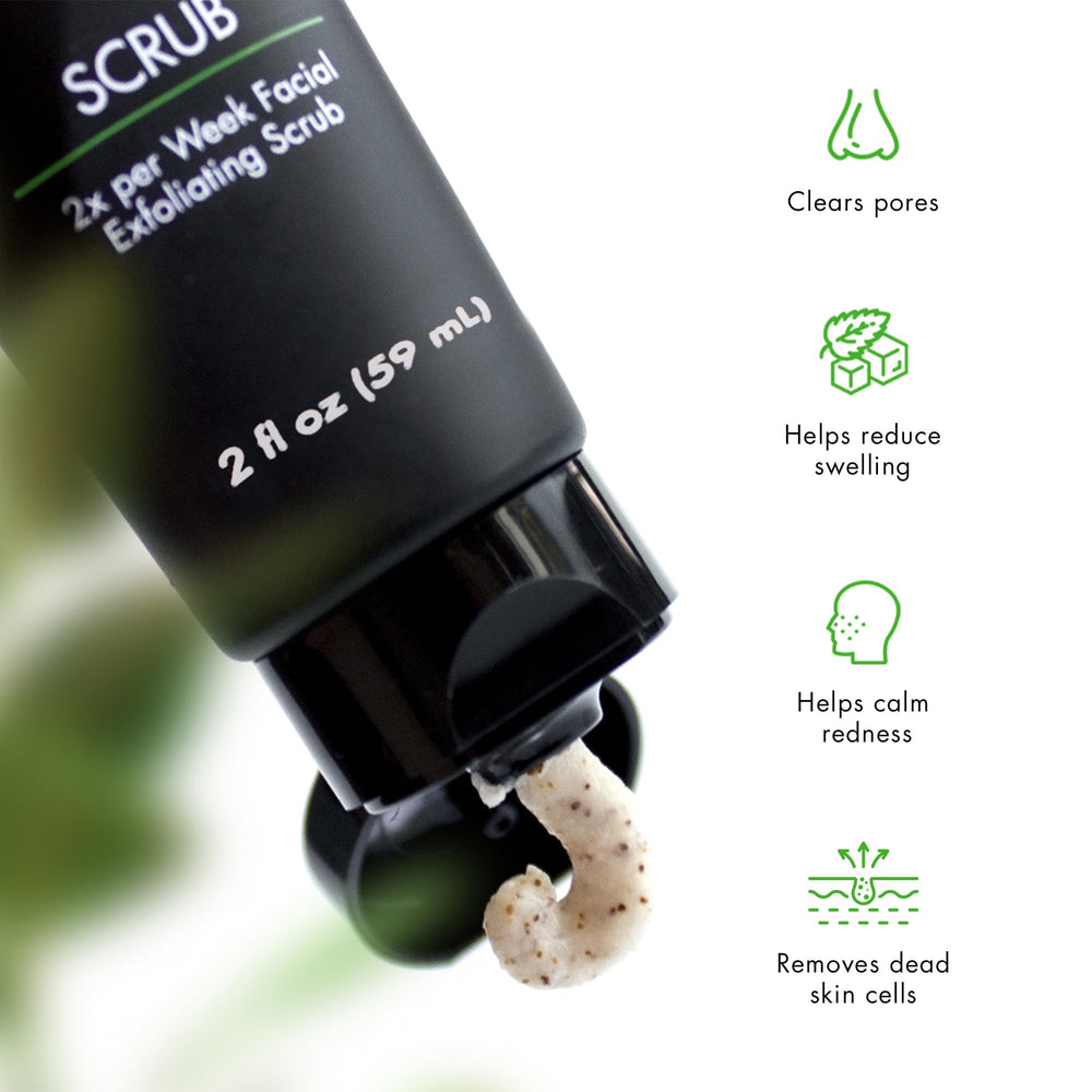 Tiege Hanley face scrub with apricot seeds cleares pores for even skin tone.