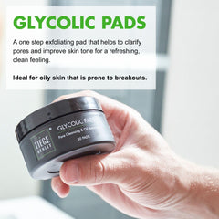 Tiege Hanley pad in use on forehead and cheeks for quick exfoliation.