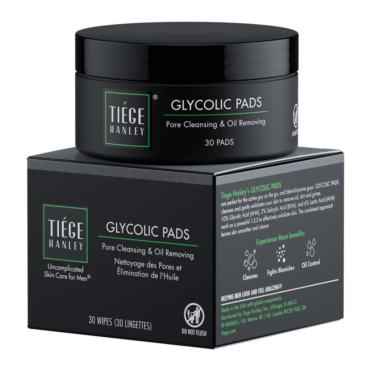 Tiege Hanley Glycolic Pads packaging for quick, no-rinse exfoliation.