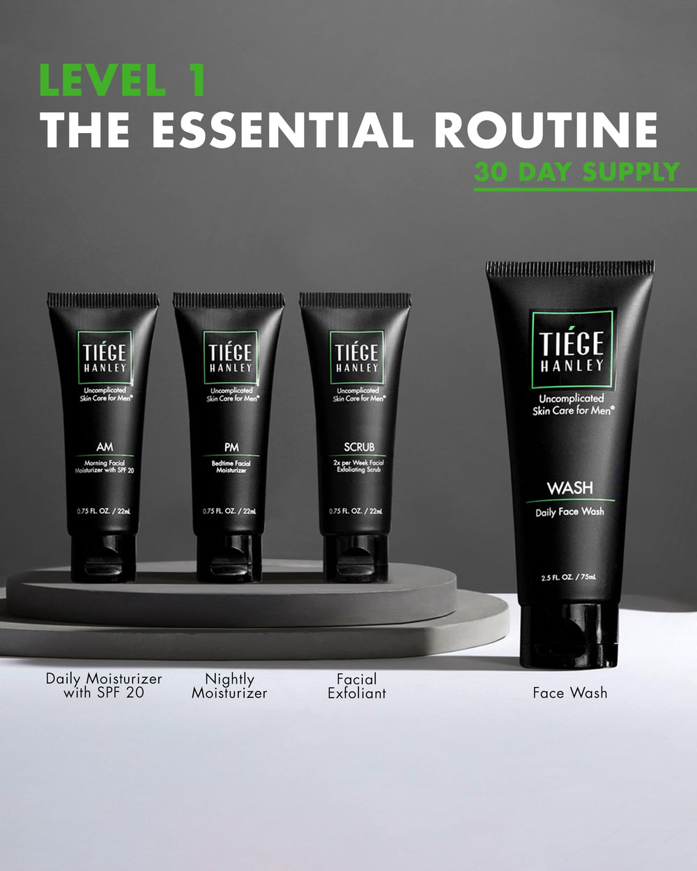 Tiege Hanley Level 1 AM moisturizer SPF20 bottle highlighting sun protection and hydration.