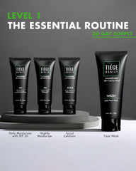 Tiege Hanley Level 1 AM moisturizer SPF20 bottle highlighting sun protection and hydration.