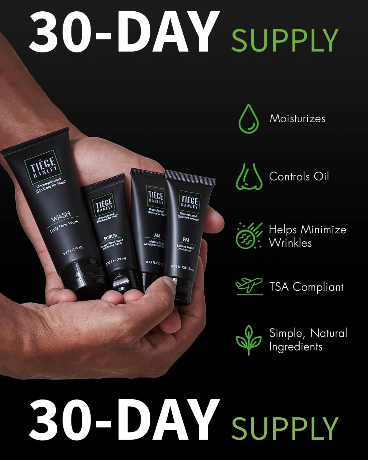 Tiege Hanley Level 1 facial scrub tube showing exfoliation to even skin tone.