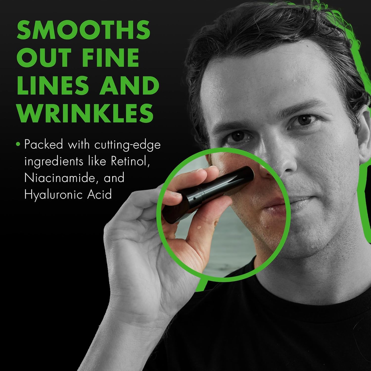 Tiege Hanley Retinol Stick near the eye area suggests refreshing under-eye skin.