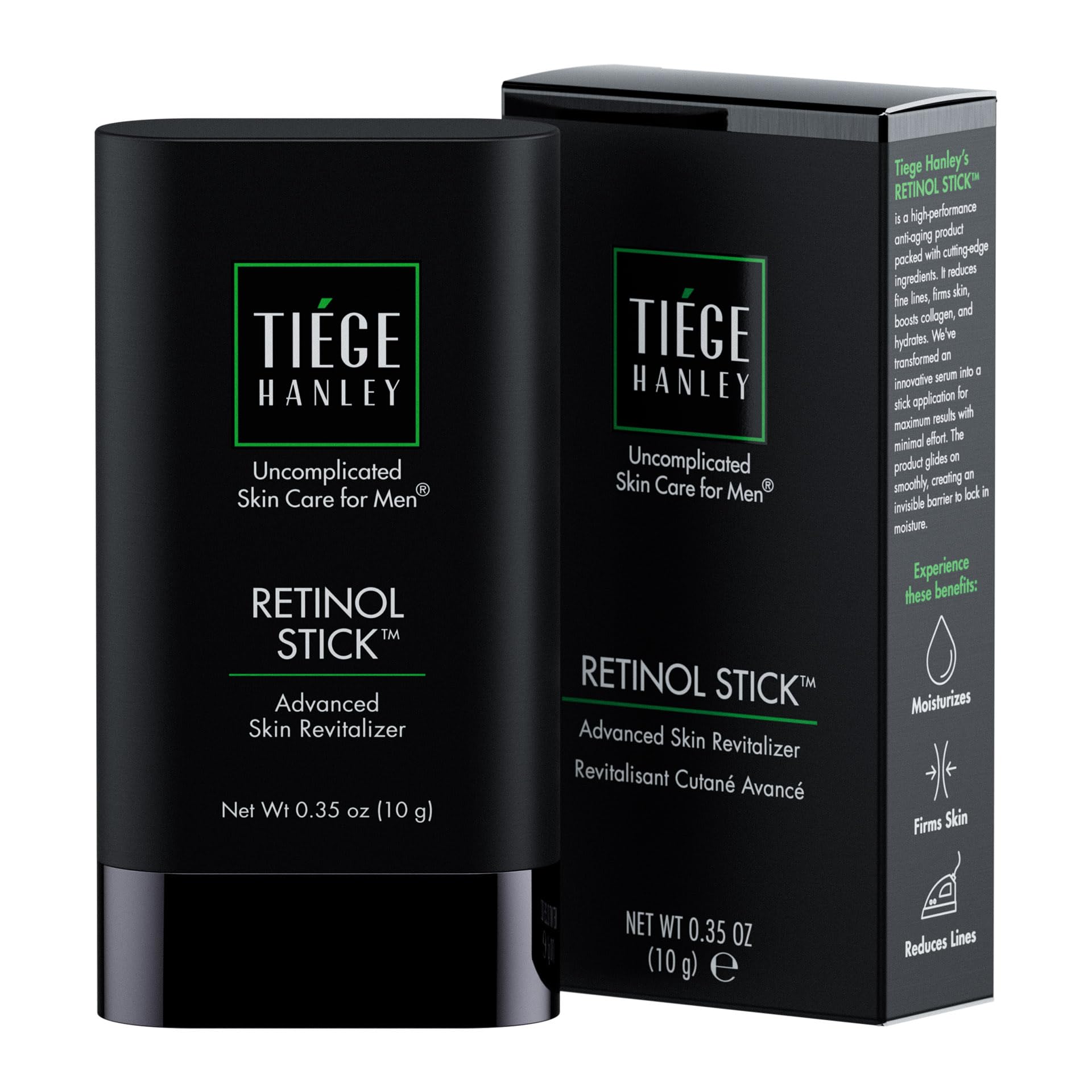 Tiege Hanley Retinol Stick on forehead shows easy, mess-free application for smoother texture.