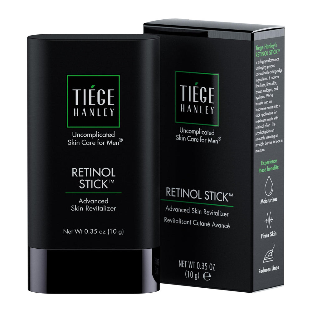 Tiege Hanley Retinol Stick on forehead shows easy, mess-free application for smoother texture.
