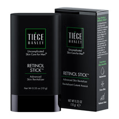 Tiege Hanley Retinol Stick on forehead shows easy, mess-free application for smoother texture.