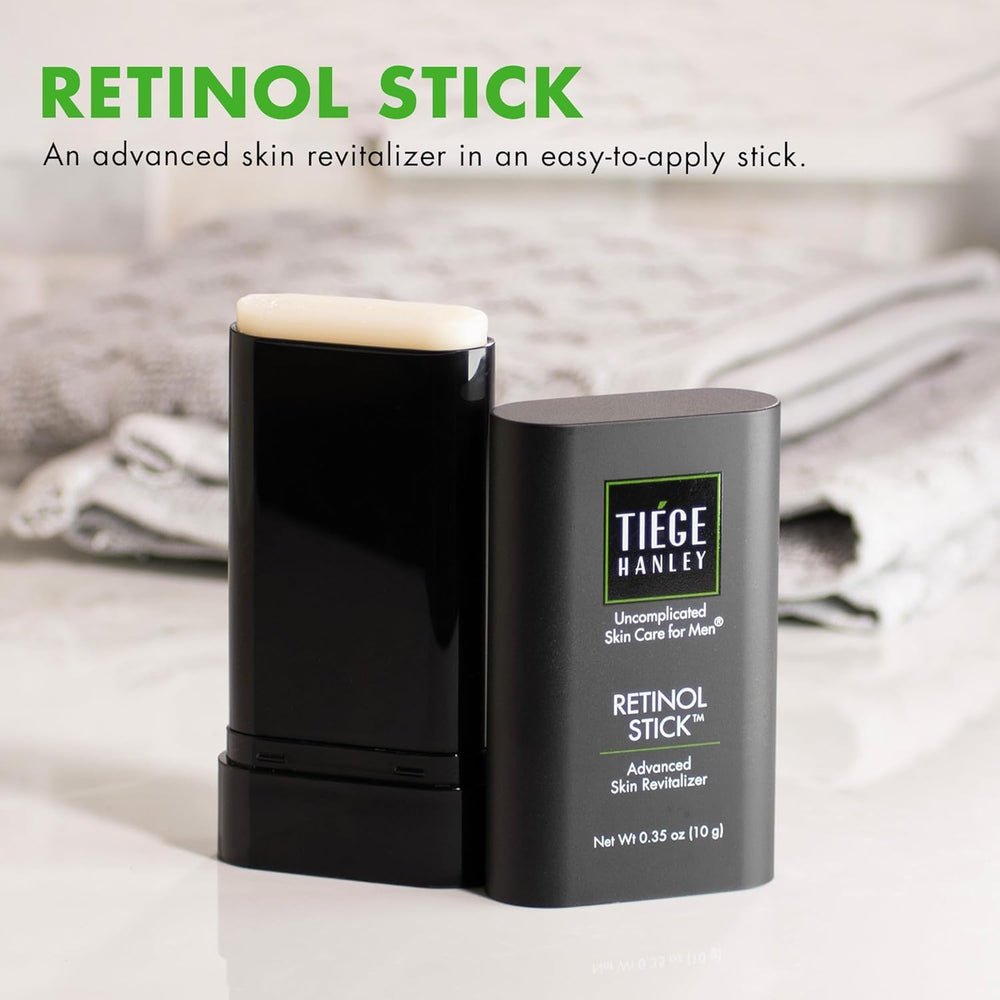 Tiege Hanley Retinol Stick packaging highlights a compact, travel-friendly design for on-the-go routines.