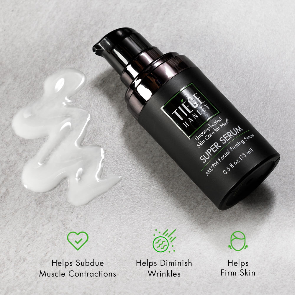 Tiege Hanley Super Serum bottle close-up ideal for morning skincare